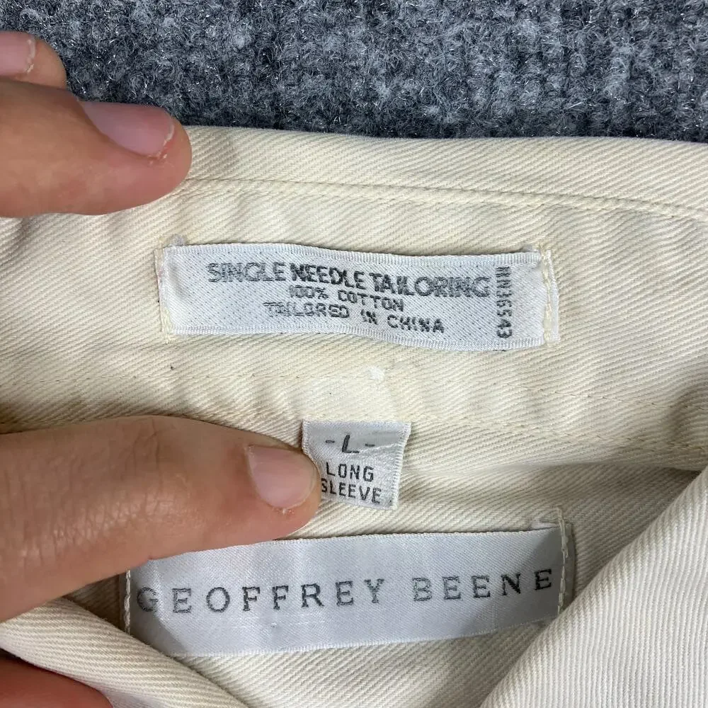 Geoffrey Beene Shirt Men's L‎ Beige Long Sleeve Button-Up Cotton Dress Casual